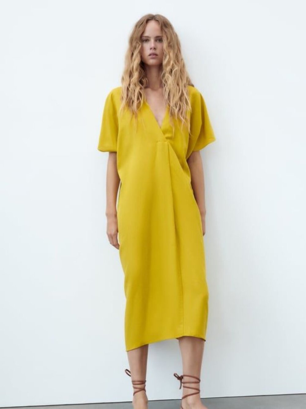Zara Yellow Linen Blend Kaftan Caftan Midi Dress V Neck Short Sleeve - Picture 2 of 13